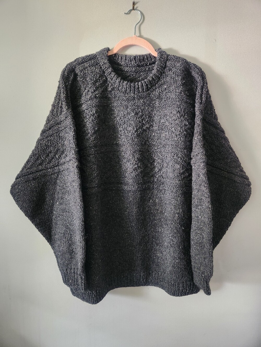 Handknit Charcoal Gray Crew Neck Cable Knit Sweater